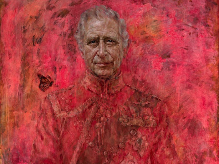 A portrait of King Charles III wearing his military uniform with a butterfly floating over his right shoulder that is covered in a sea of red brushstrokes.