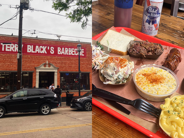 terry blacks barbecue exterior and plate of food