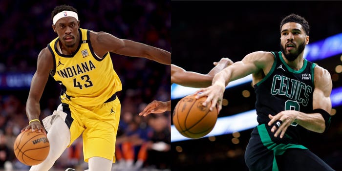 Pascal Siakam of the Indiana Pacers dribbles the ball during Round 2 of the Playoffs (left); Jayson Tatum of the Boston Celtics passes the ball during Round 2 of the Playoffs (right).