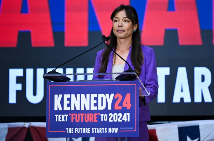 California attorney Nicole Shanahan speaks after Independent US presidential candidate Robert F. Kennedy, Jr. announced her as his running mate in March 2024.