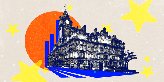 A photo illustration of the Balmoral hotel in Edinburgh. There are illustrated stars surrounding the building.