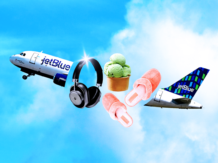 A JetBlue airplane, slippers, headphones, and a cup of gelato in a collage.