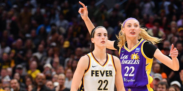 Indiana Fever's Caitlin Clark and Los Angeles Sparks' on court during a basketball game
