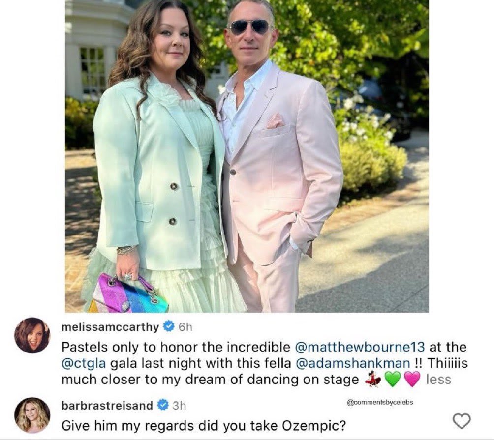 Instagram Screenshot: featuring Melissa McCarthy in pastel green dress, with Matthew Bourne in pink suit.