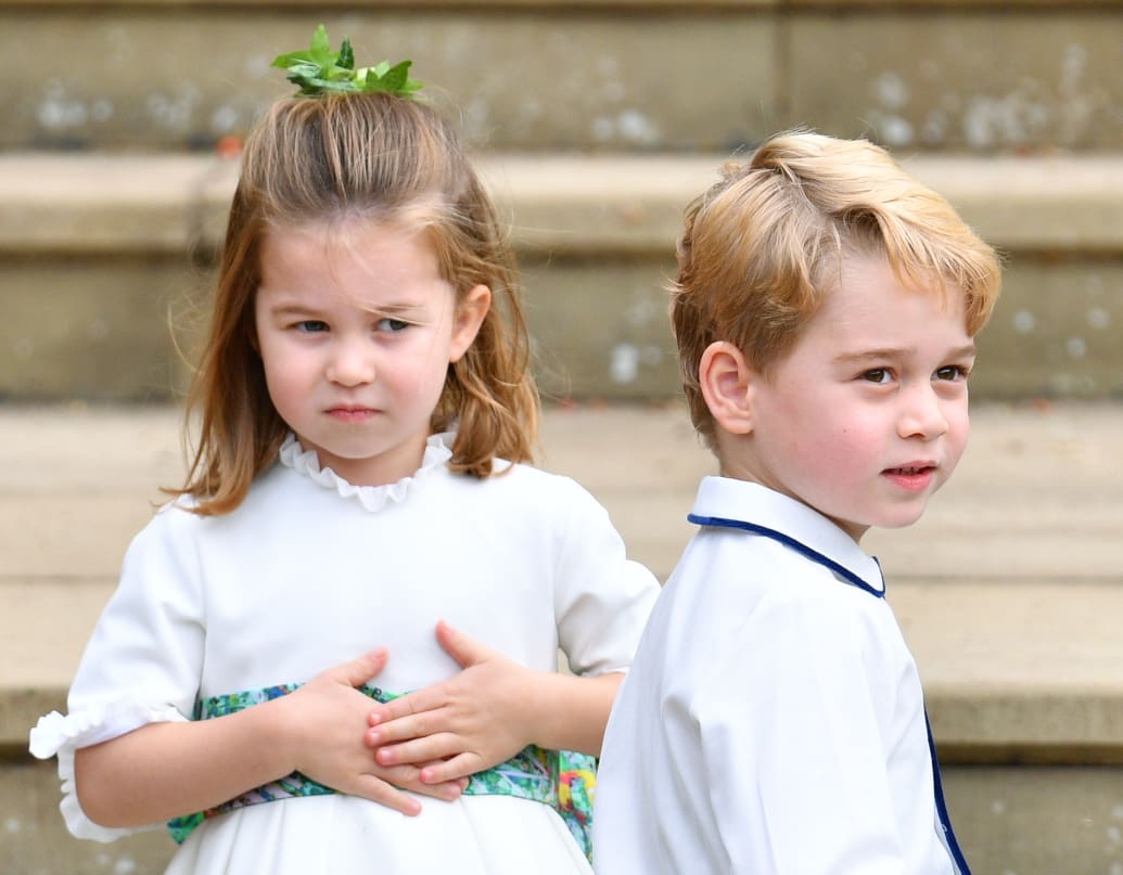 Princess Charlotte of Cambridge and Prince George of Cambridge in Amaia clothing at the wedding of Princess Eugenie of York and Jack Brooksbank  October 12, 2018