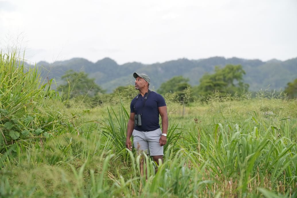 Christian Cooper stands in an open field.