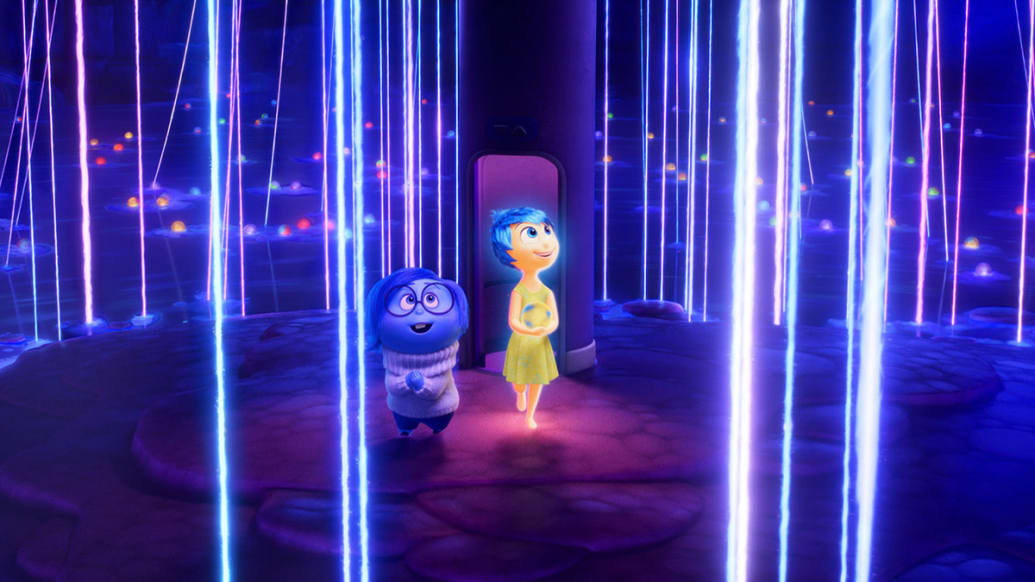 A photo including Sadness and Joy in the film Inside Out 2 on Disney