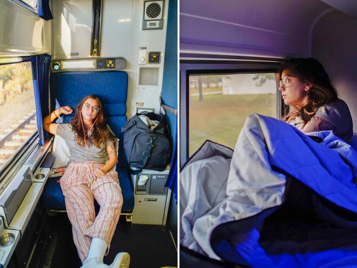 The author is seen relaxing in a chair on the left and a bed on the right — both photos are in the romette of an Amtrak car