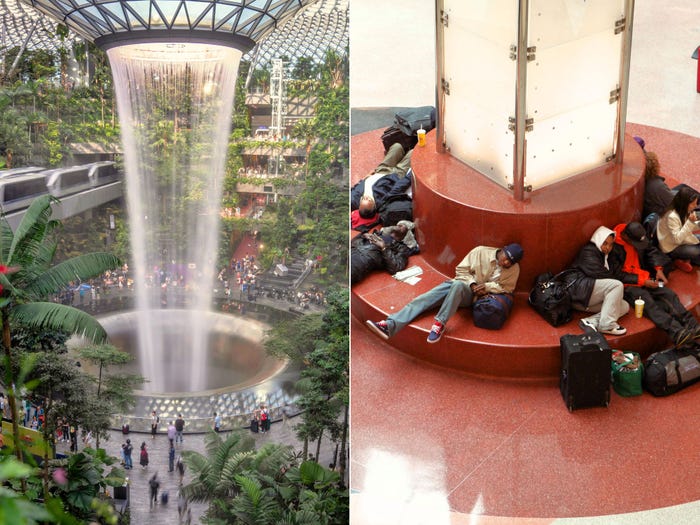 Left: Visitors walk through the Jewel as a Skytrain shuttles passengers between terminals at Changi Airport in Singapore. Right: Delayed passengers lounge in the atrium of Atlanta Hartsfield-Jackson International Airport after a snowstorm in Atlanta, Georgia.