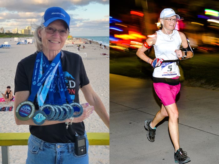 Linda Carrier holding her World Marathon Challenge medals; Carrier running one of the World Marathon Challenge races.