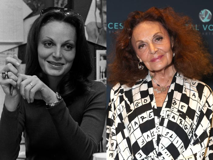 A side-by-side of Diane von Furstenberg in 1973 and 2024.