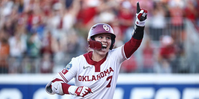 Kasidi Pickering #7 of the Oklahoma Sooners celebrates a home run against the Texas Longhorns during Game 1 of the 2024 Women's College World Series finals.