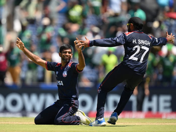 Saurabh Netravalkar celebrates after the USA defeated Pakistan in a super over during the ICC Men's T20 Cricket World Cup West Indies & USA 2024 match on June 06, 2024.