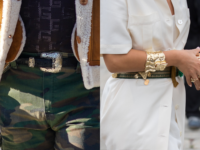 man wearing chunky western belt and a woman wearing a chunky gold bangle
