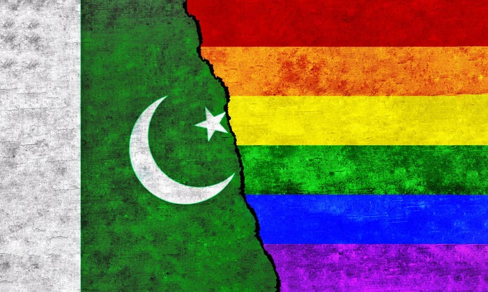 A combination of the Pakistani national flag and a rainbow LGBTQ+ Pride flag.