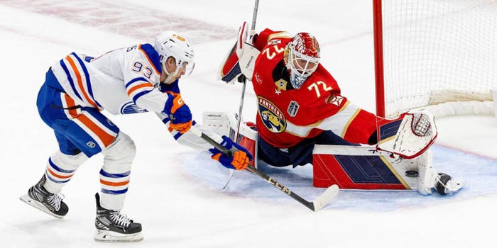 Florida Panthers goaltender Sergei Bobrovsky (72) blocks a shot from Edmonton Oilers center Ryan Nugent-Hopkins (93) during Game 1 of the NHL Stanley Cup Final.