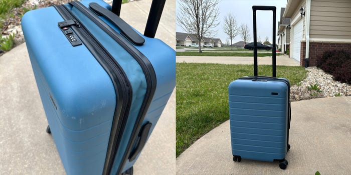 side by side showing a close up and a wide shot of a bright blue Away carry on Flex suitcase
