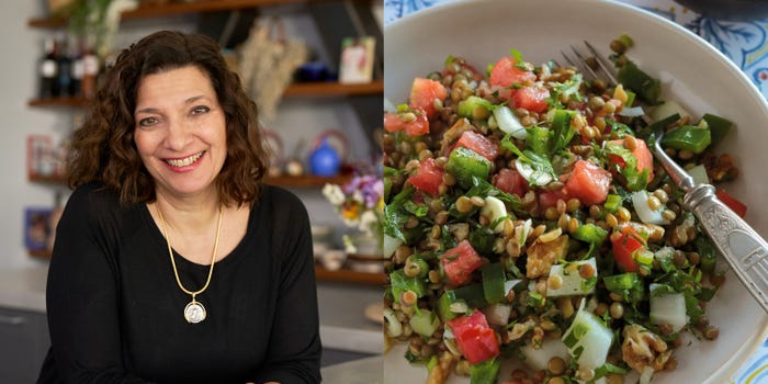 Chef Diane Kochilas (left) lentil salad (right)