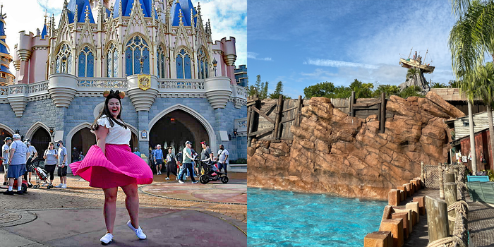 megan posing for a photo in front of cinderella castle at disney world and a shot of typhoon lagoon water park at disney world