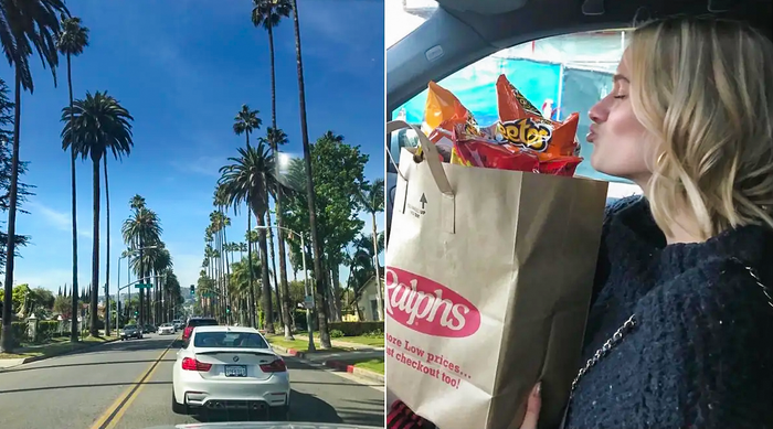 Car in La next to image of Alice Johnston kissing grocery bag