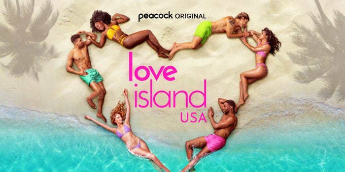 Love Island USA contestants forming a heart shape while lying on a beach