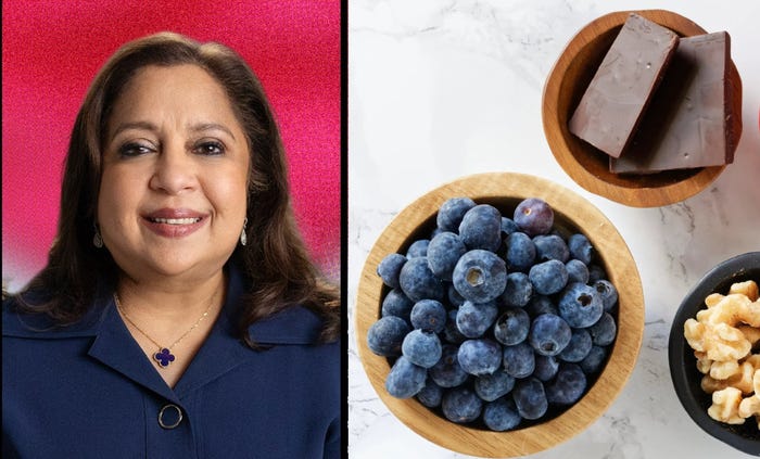 a portrait of Dr. Uma Naidoo next to an image of brain health foods like blueberries, walnuts, and dark chocolate.