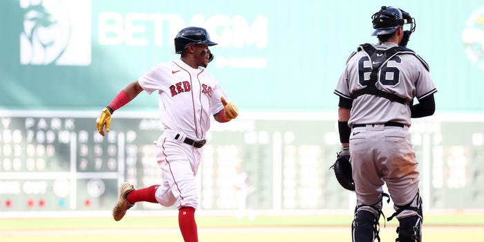 Ceddanne Rafaela #43 of the Boston Red Sox scores a run against the New York Yankees at Fenway Park on September 12, 2023 in Boston, Massachusetts.