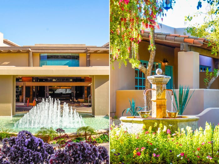 Left: Exterior of the Phoenician with a fountain in front. Right: A fountain in front of a casita at the Hermosa Inn