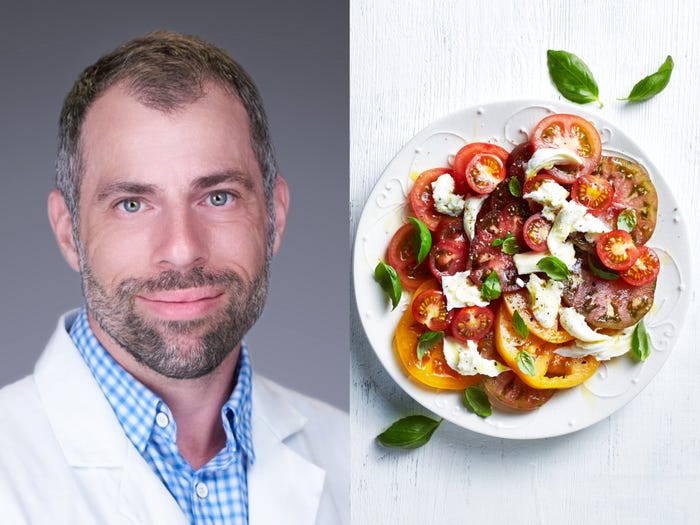 A composite image of Dr. Daniel Landua's headshot and a tomato and mozzarella salad on a plate.