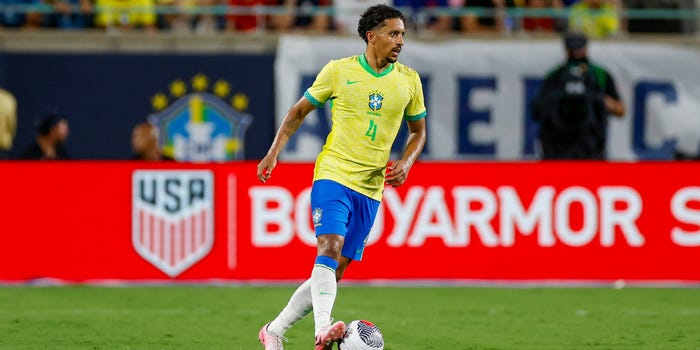 Brazil defender Marquinhos (4) dribbles the ball during the game between the United States and Brazil on June 12, 2024.