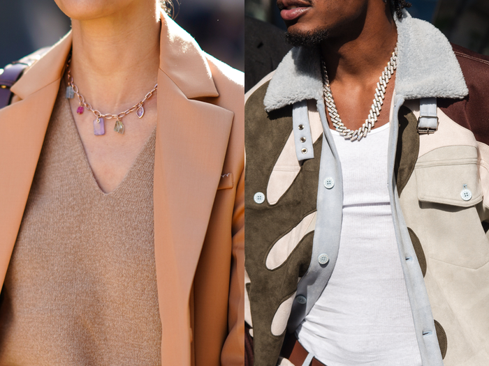 close up of someone wearing a charm necklace and a close up of someone wearing a silver chain