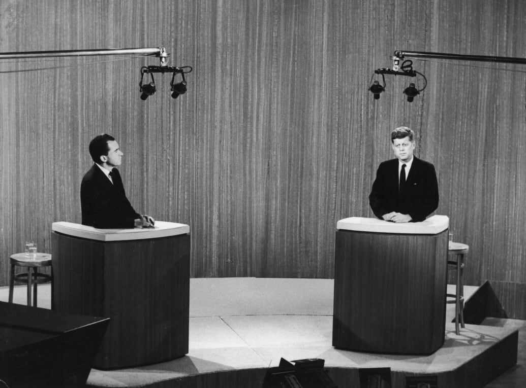 1960: Republican vice president Richard Nixon (1913-1994) (L) and democratic senator John F. Kennedy (1917-1963) take part in a televised debate during their presidential campaign.
