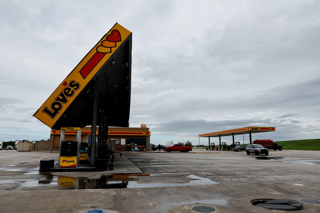 A damaged gas station in Edna, Texas, from Hurricane Beryl.